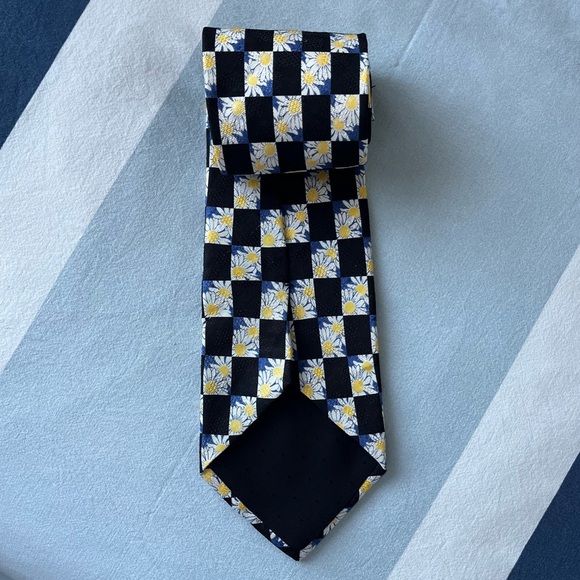Gant Daisy Flowers 100% Silk Men’s Neck Tie Yellow Checkered Blue Made in Canada - Picture 12 of 15